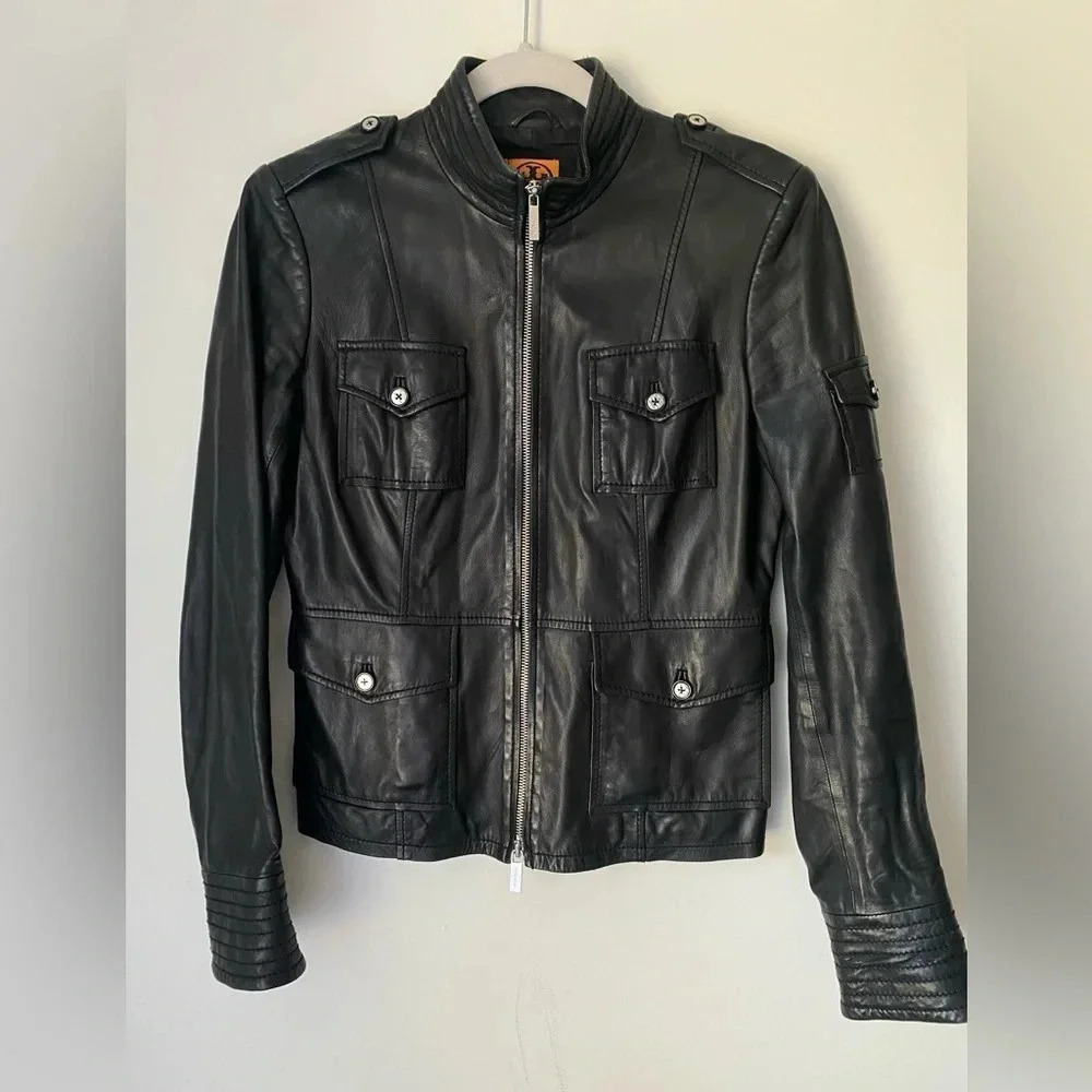 Tory Burch Leather Jacket Womenâs Moto Biker Black Zip Up